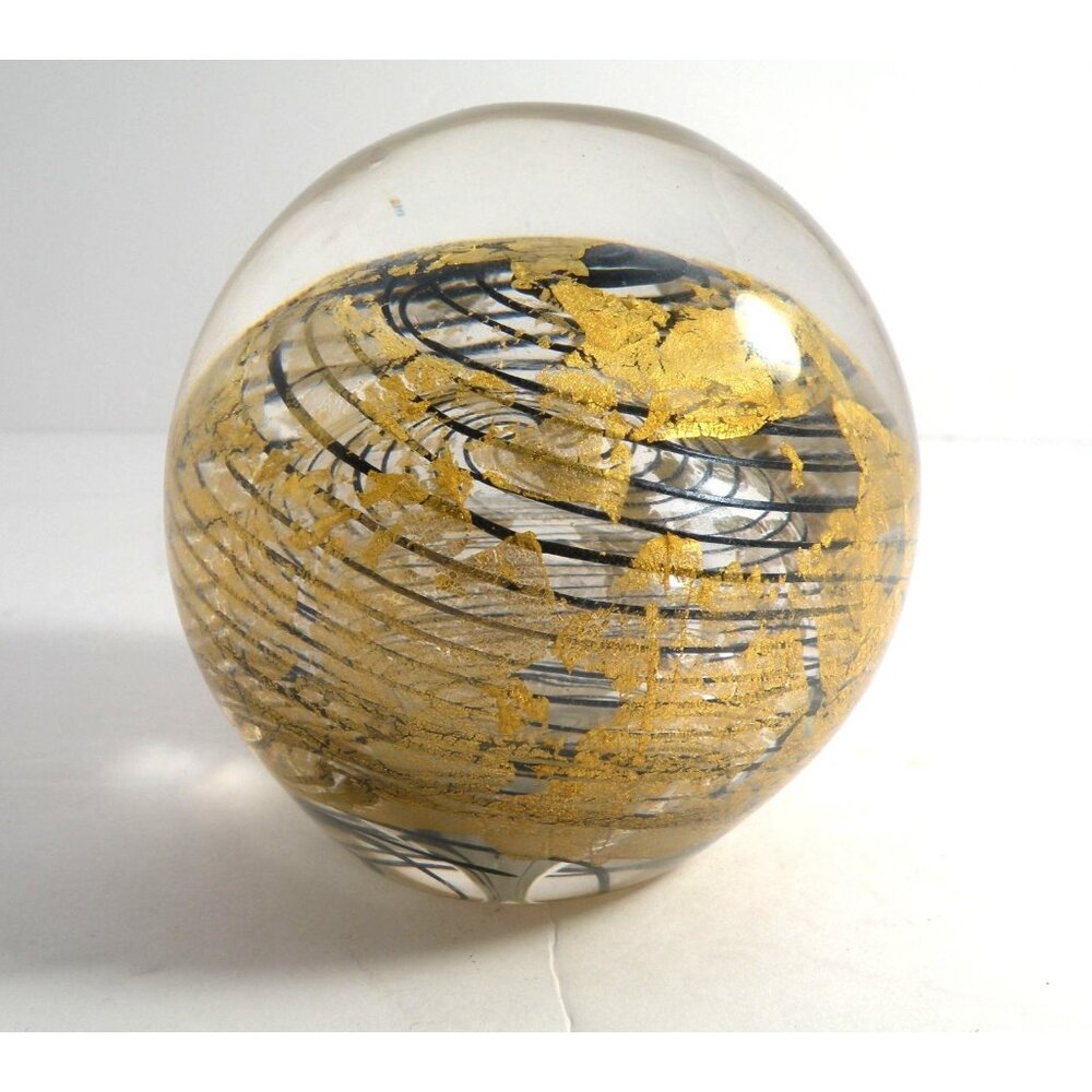 Handcrafted Glass Art Sphere With Gold Leaf & Swirling Black Pattern 4" Diameter